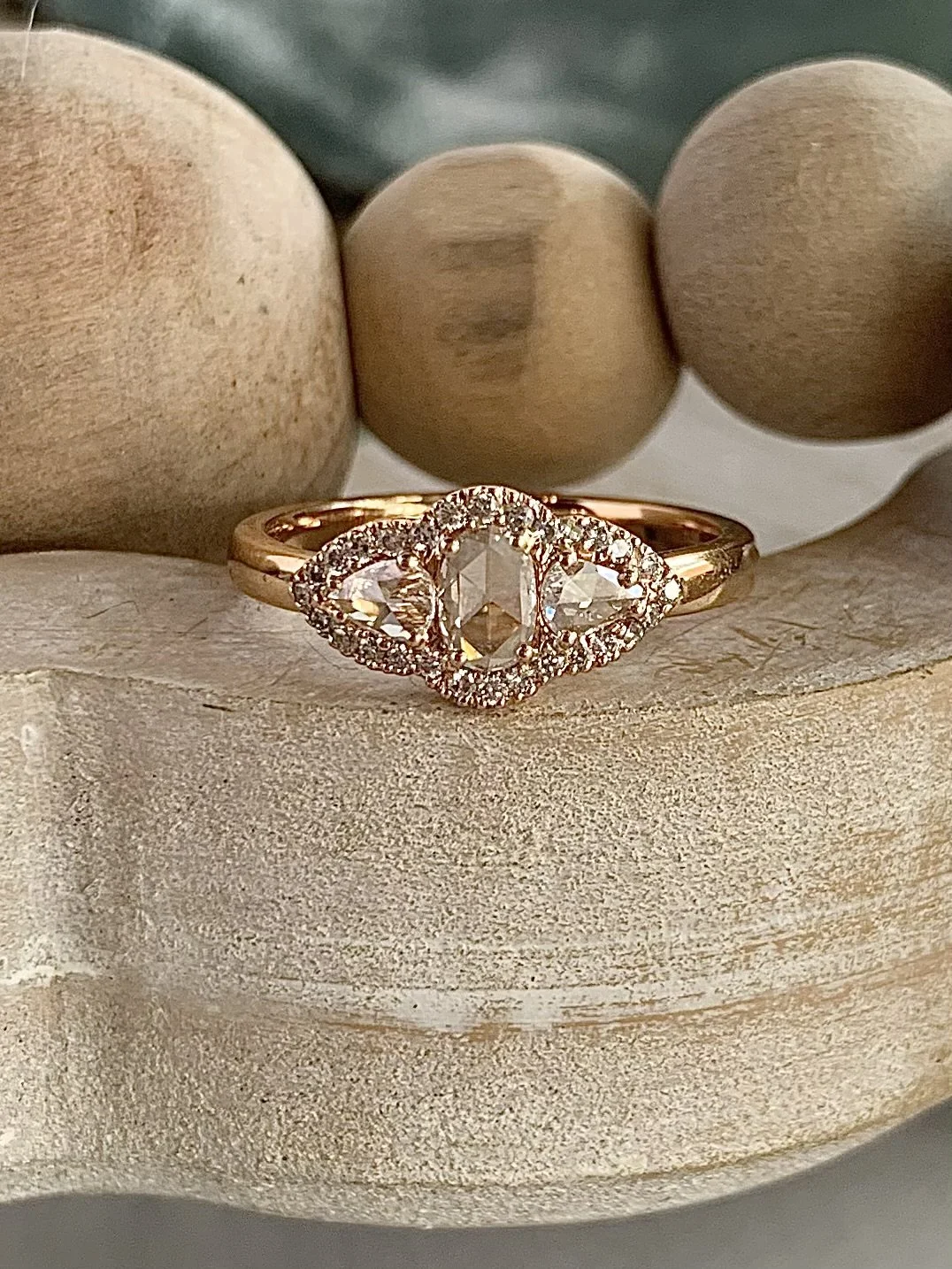 Daphne 18k Rose Gold 3 Rose Cut Diamond Halo Engagement Ring