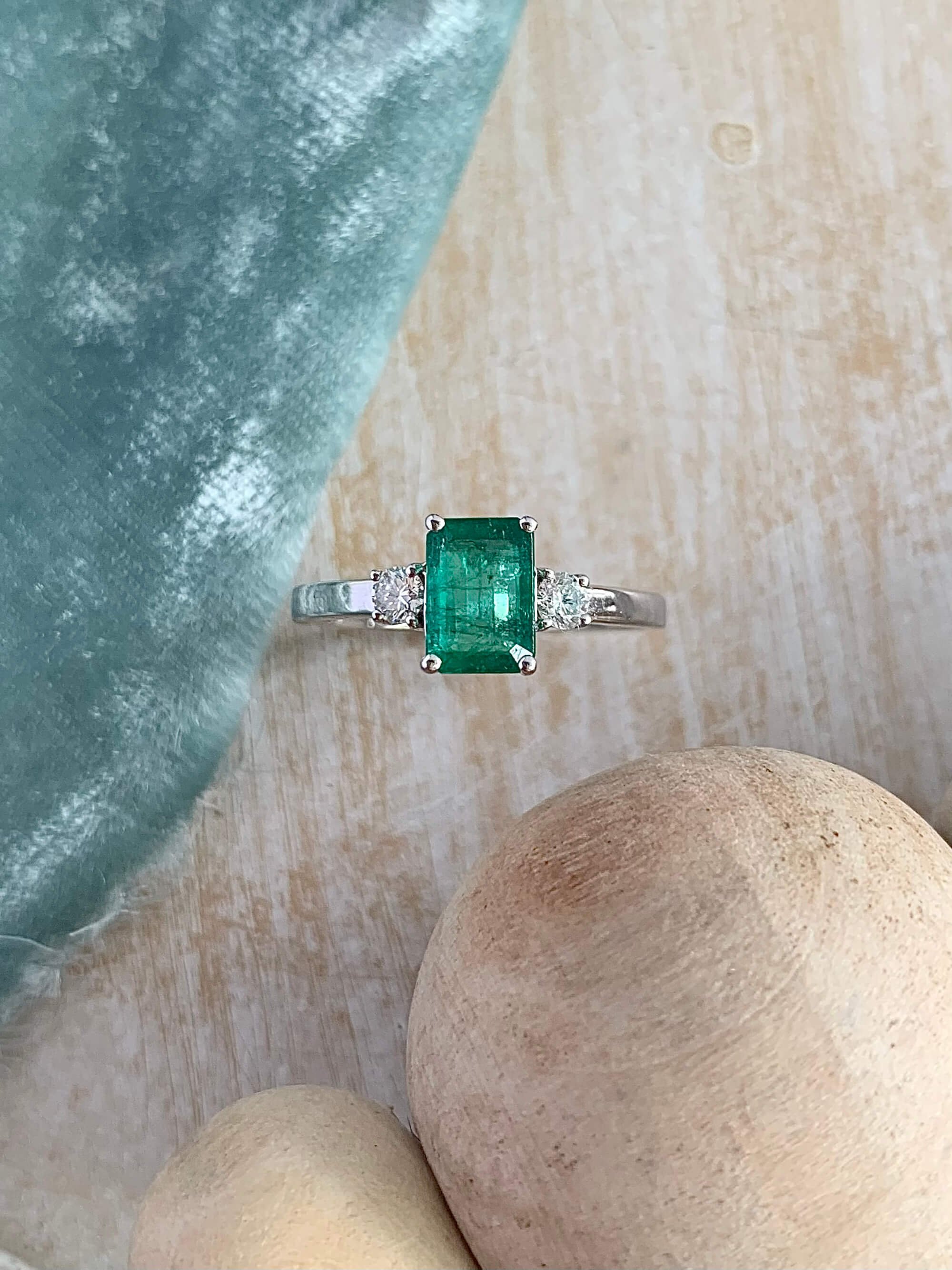 Emerald Cut Emerald & Diamond Trio 14k White Gold Engagement Ring