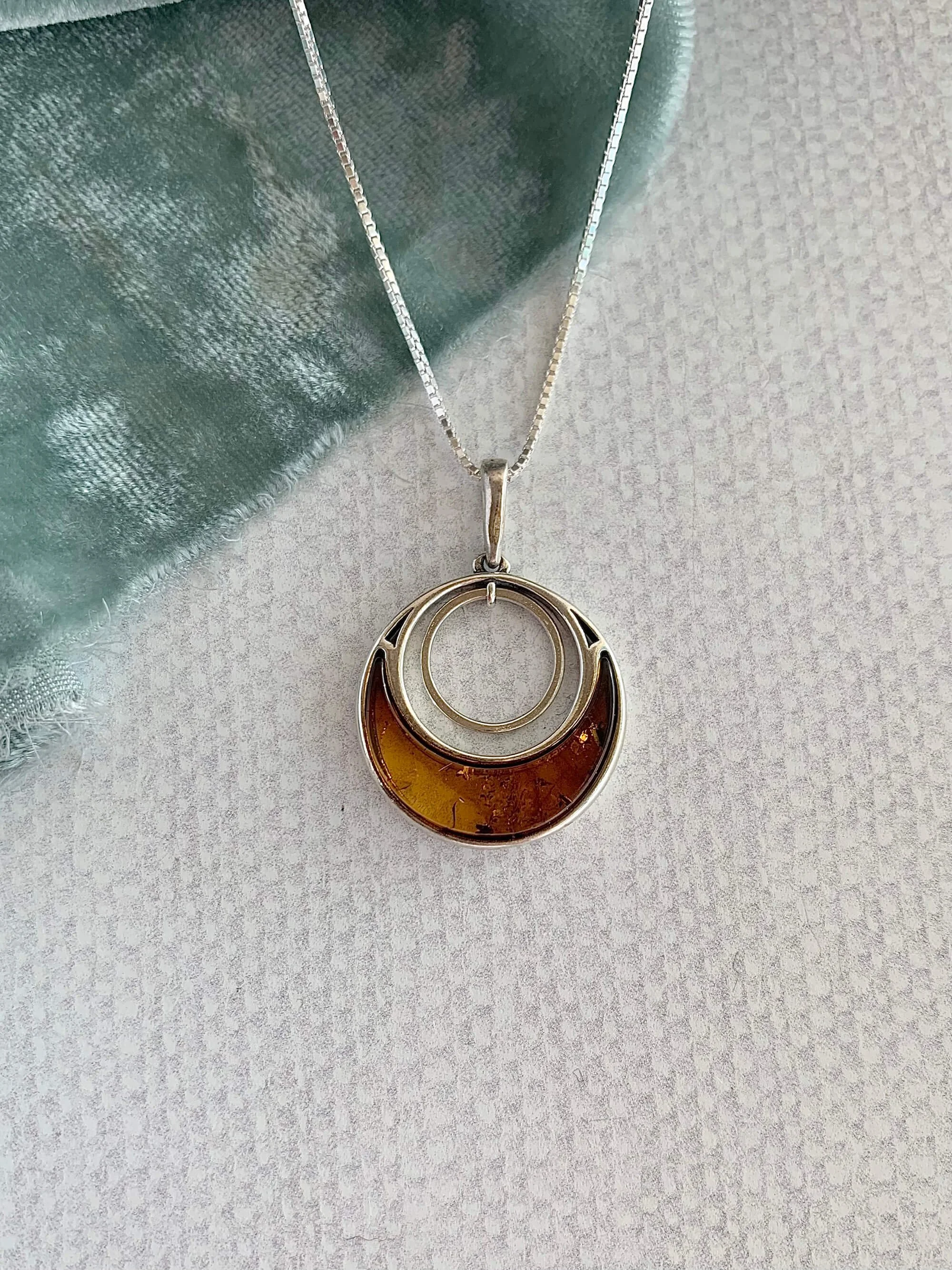 Crescent Moons Amber Silver Necklace