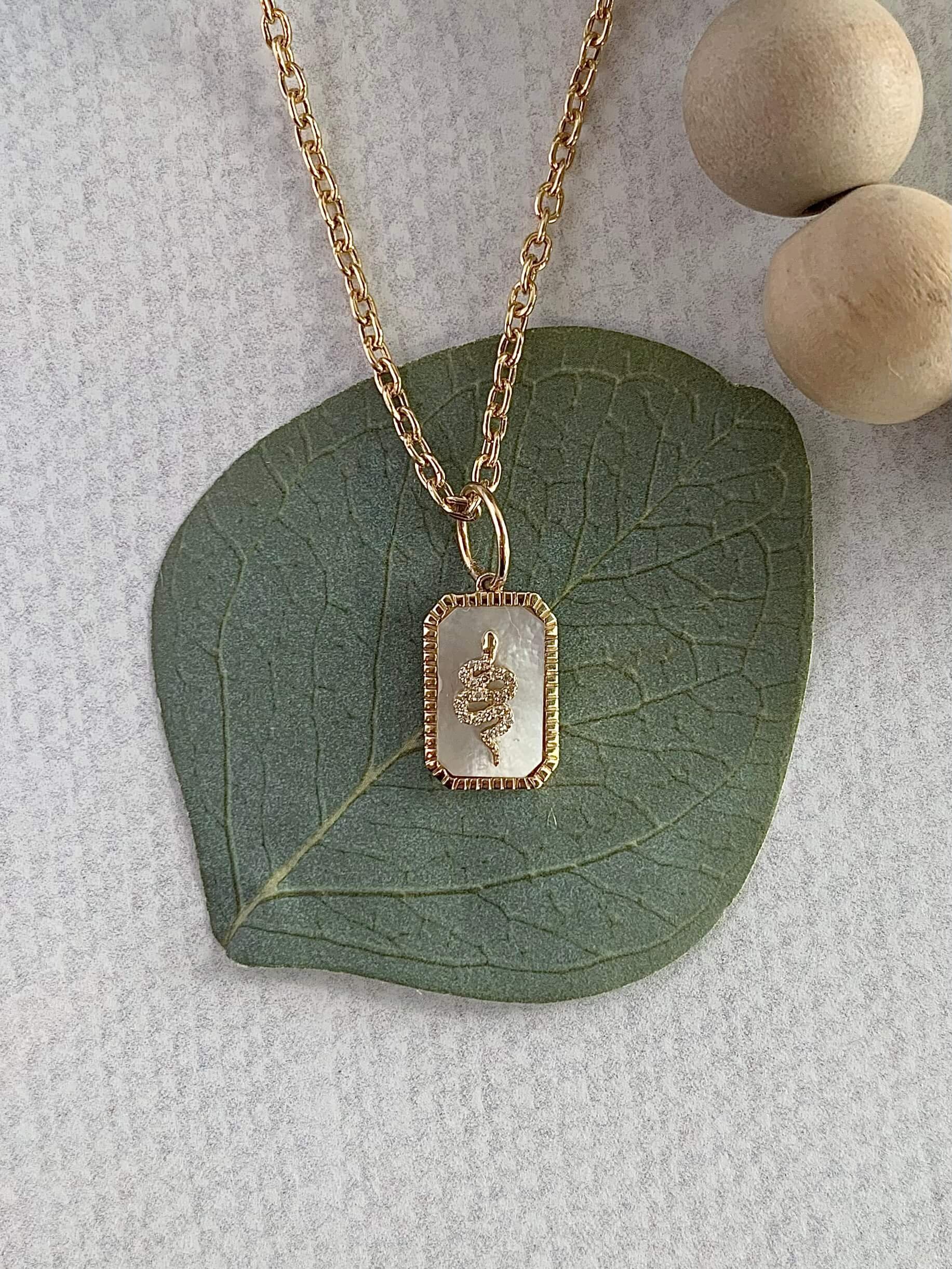 Mother Pearl Pave Diamond Snake on 14k Yellow Gold Curb Chain Necklace