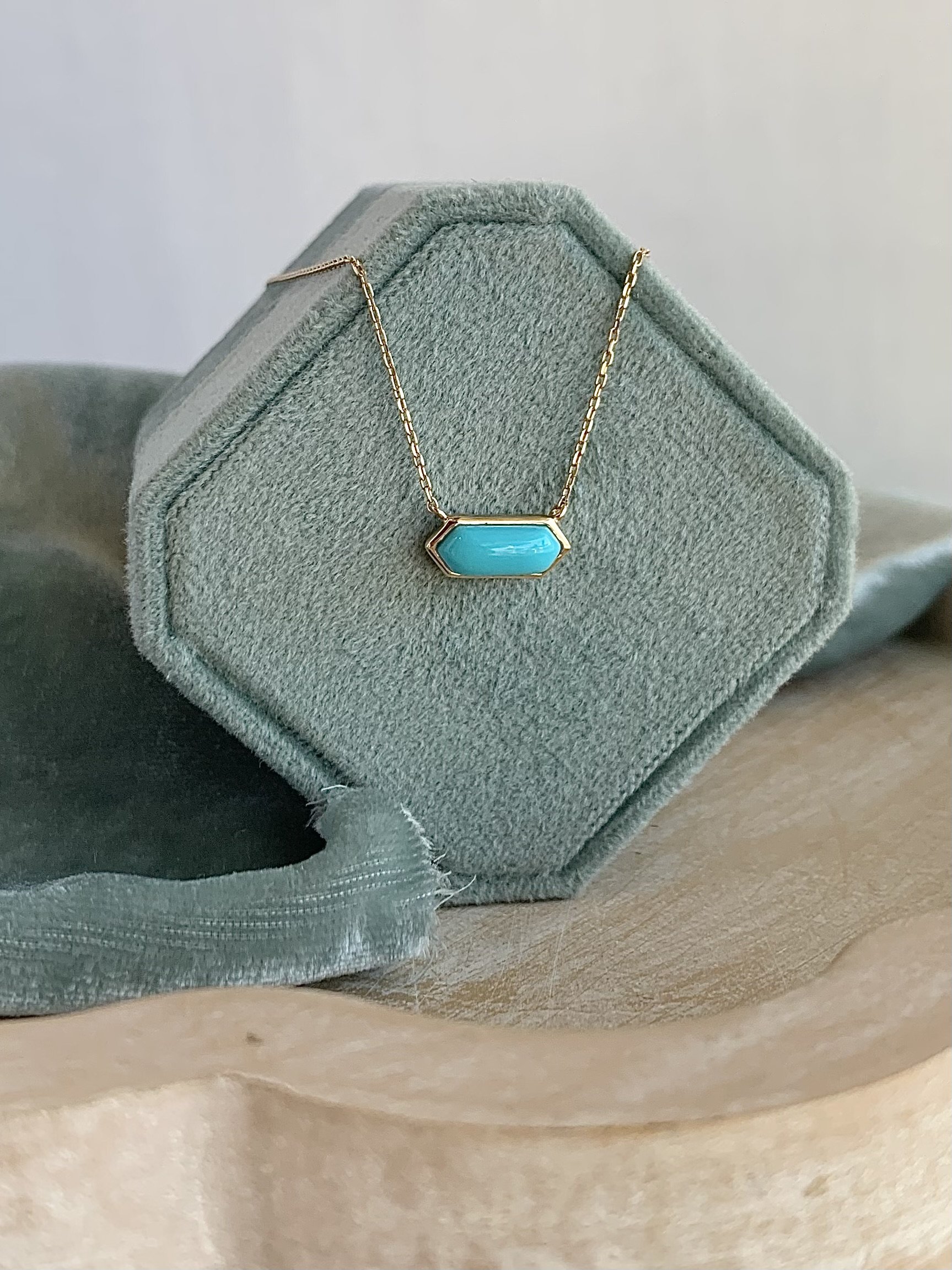Long Hexagon Turquoise 14k Yellow Gold Necklace