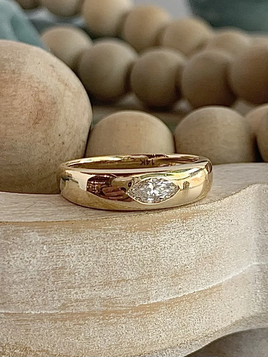 Flavia Marquis Cut Diamond Inset Domed 14k Yellow Gold Engagement Ring