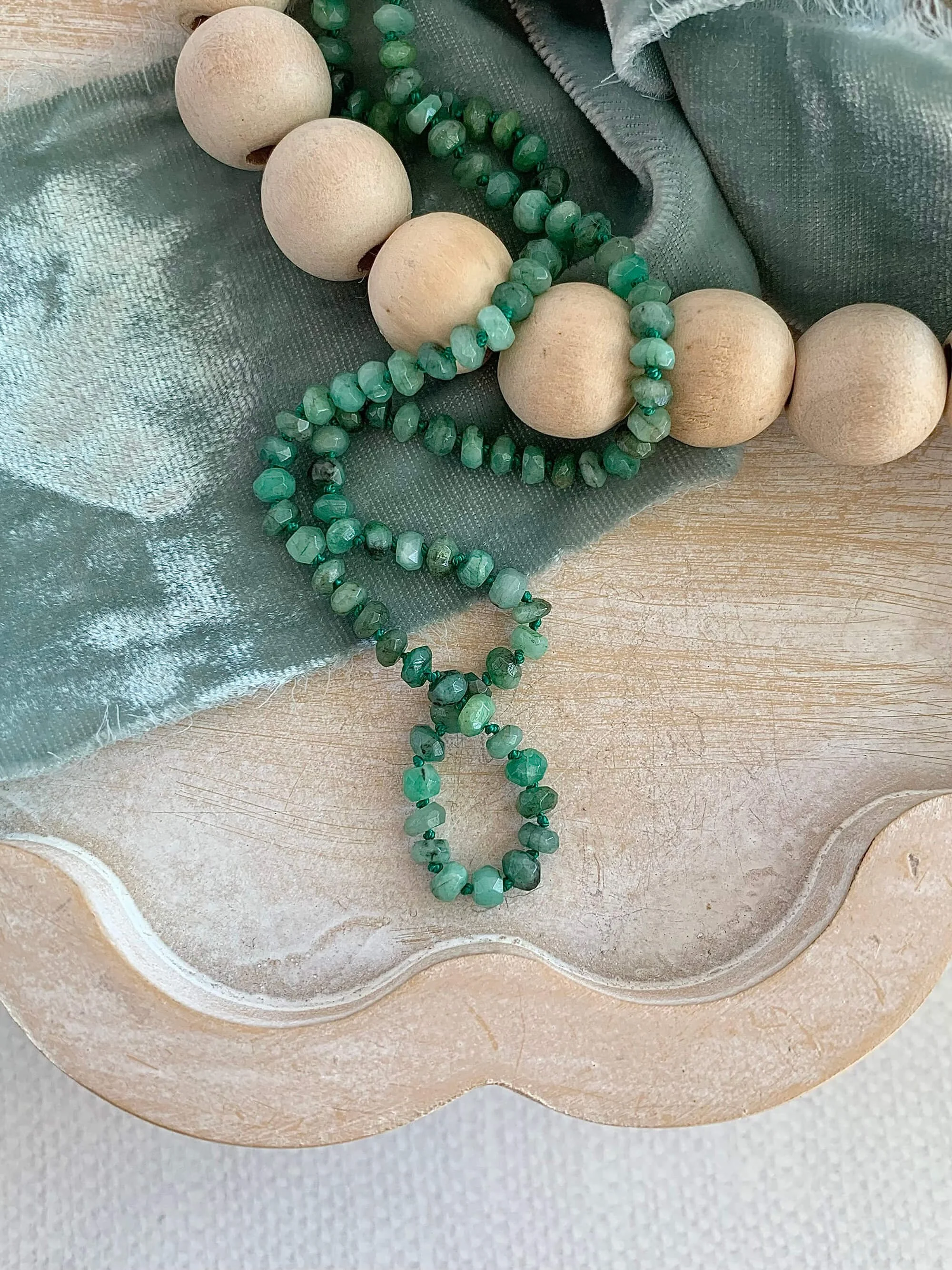 Hand-Knotted Rough Emerald Silver Strand