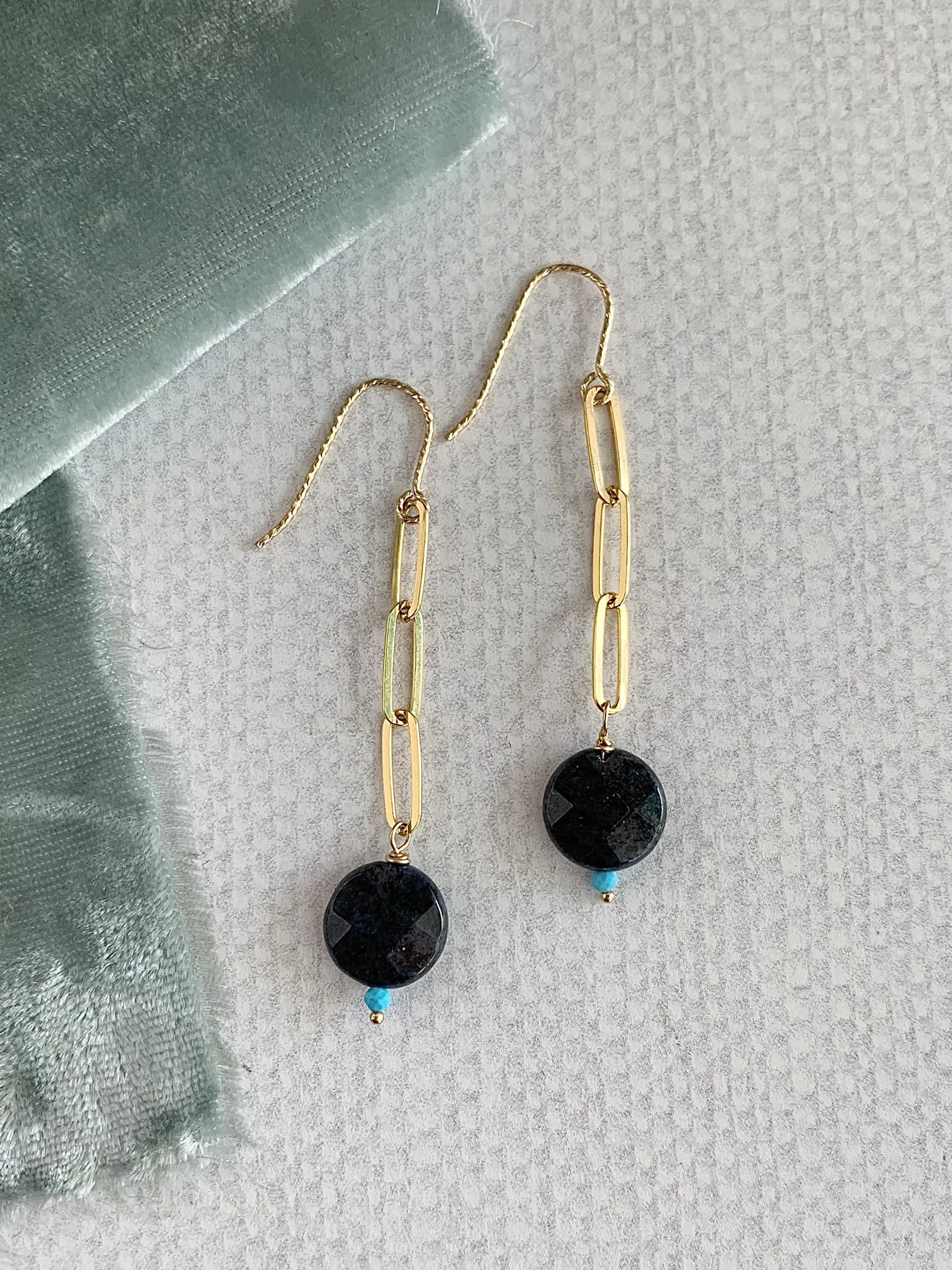 Dark Labradorite Turquoise Gold Fill Earrings