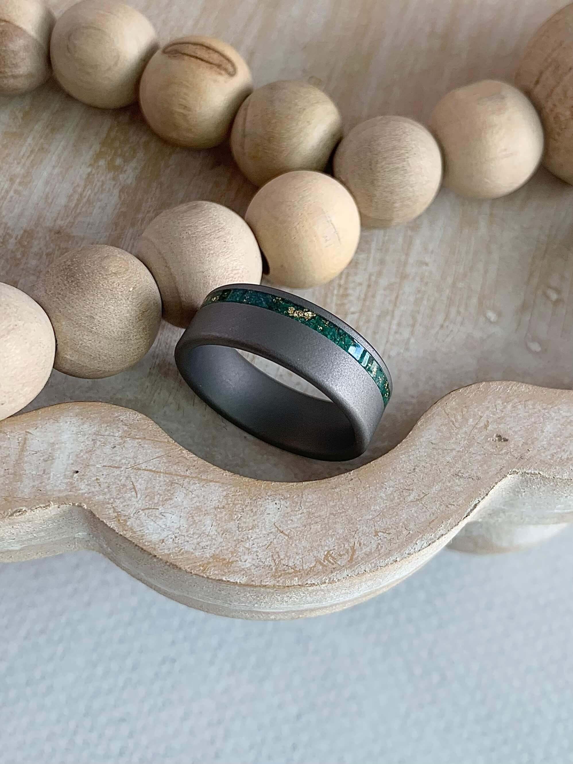 8mm Tungsten Flat Finish With Malachite & Goldleaf Mens Band