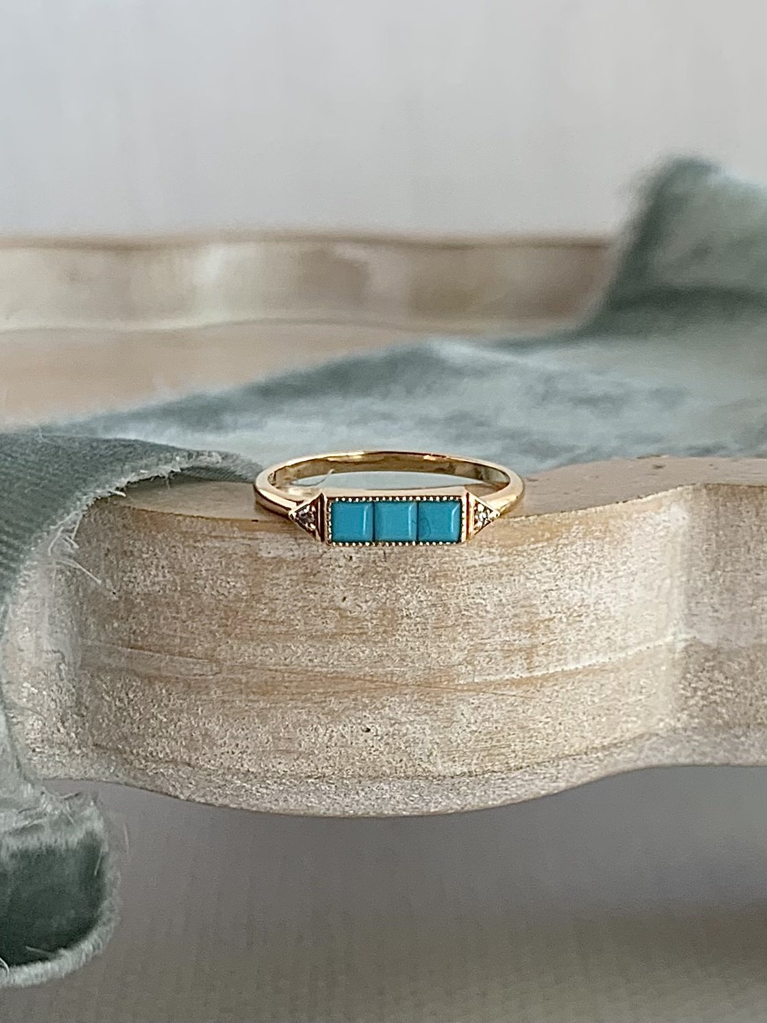 Square Turquoise Diamond 18k Yellow Gold Ring