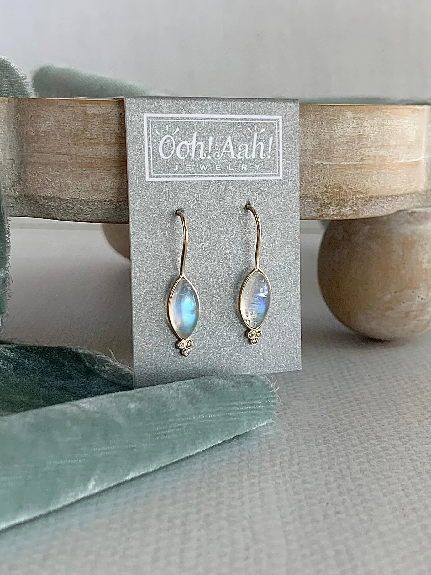 Luminous Rainbow Moonstone Diamond 14k Yellow Gold Earrings
