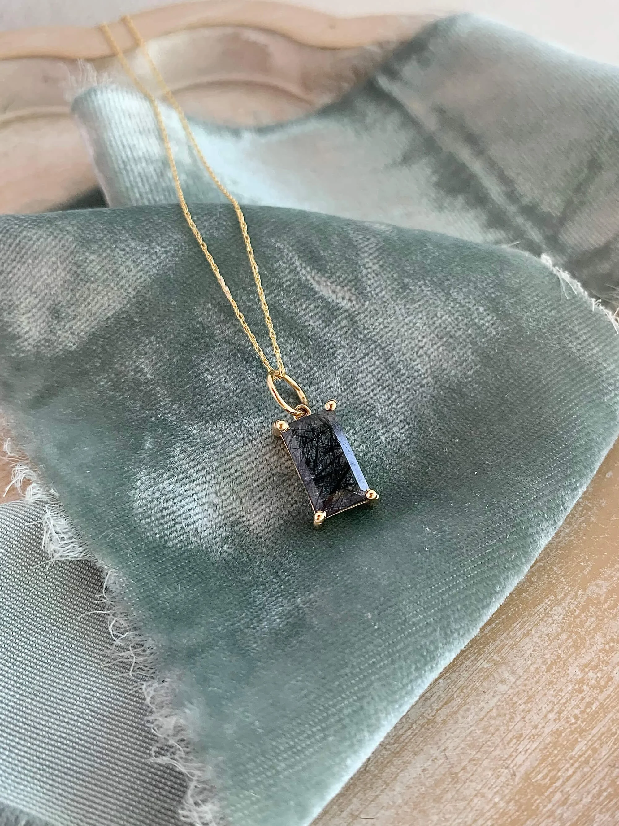 Black Rutile Quartz 14k Yellow Gold Necklace