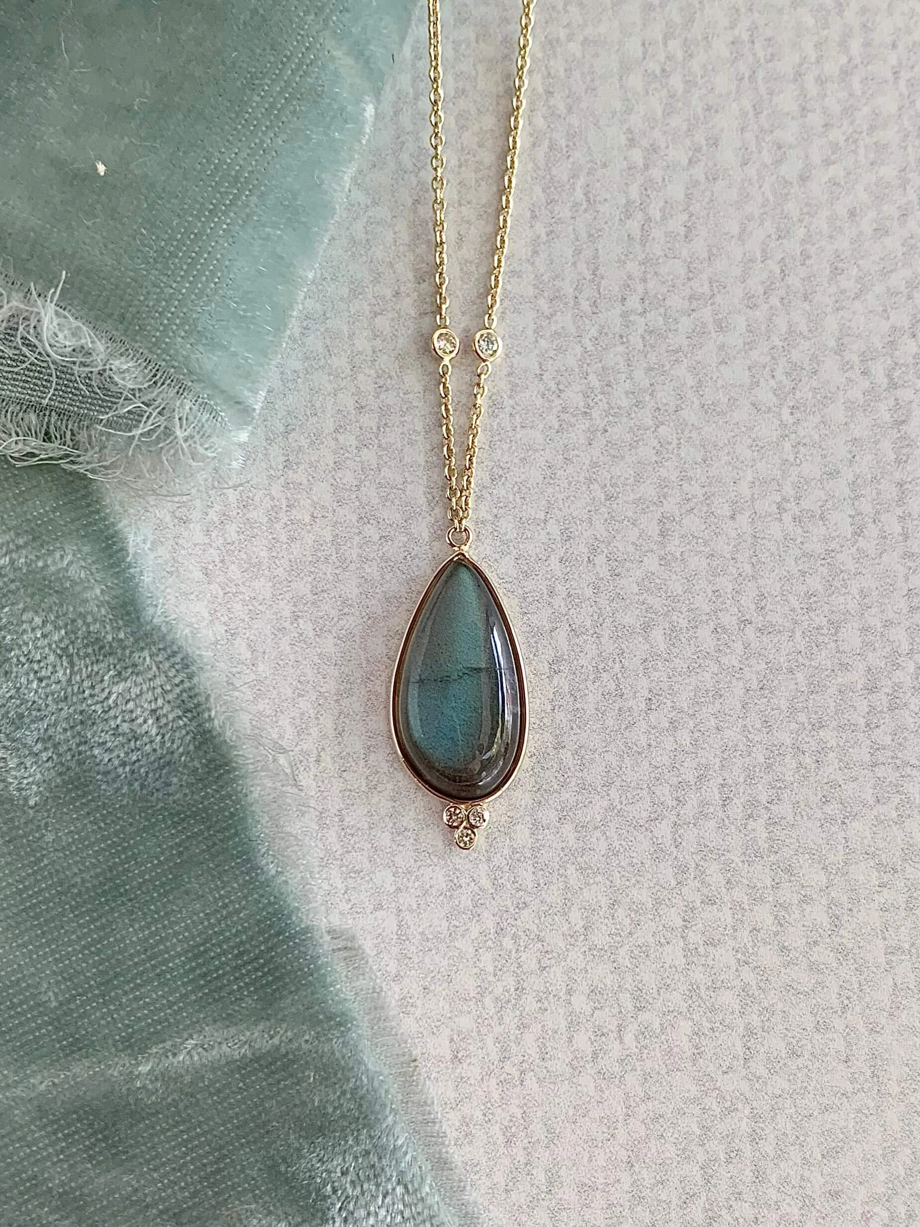Iridescent Labradorite Diamond 14k Yellow Gold Necklace