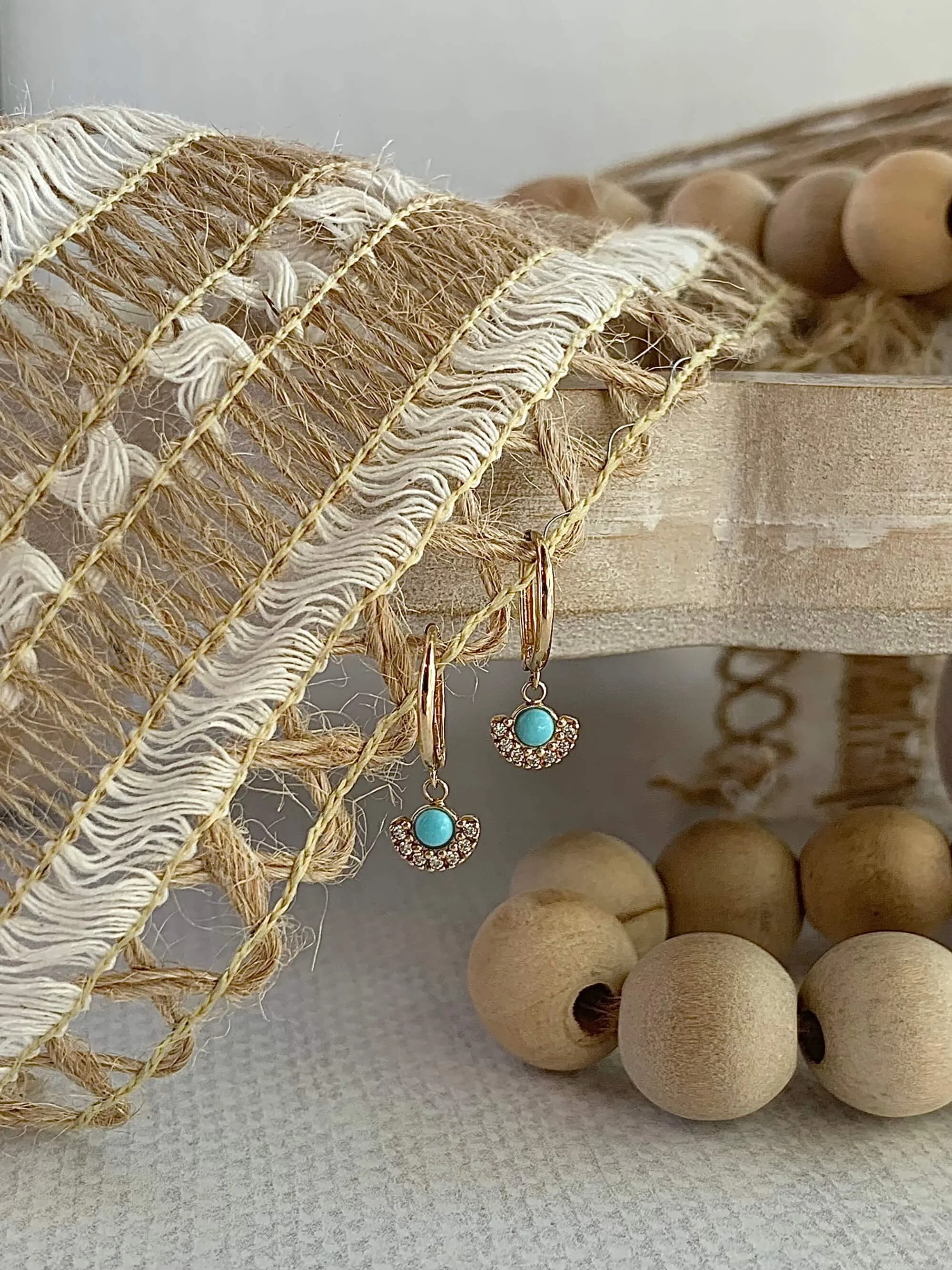 Art Deco Turquoise 14k Yellow Gold Huggie Earrings