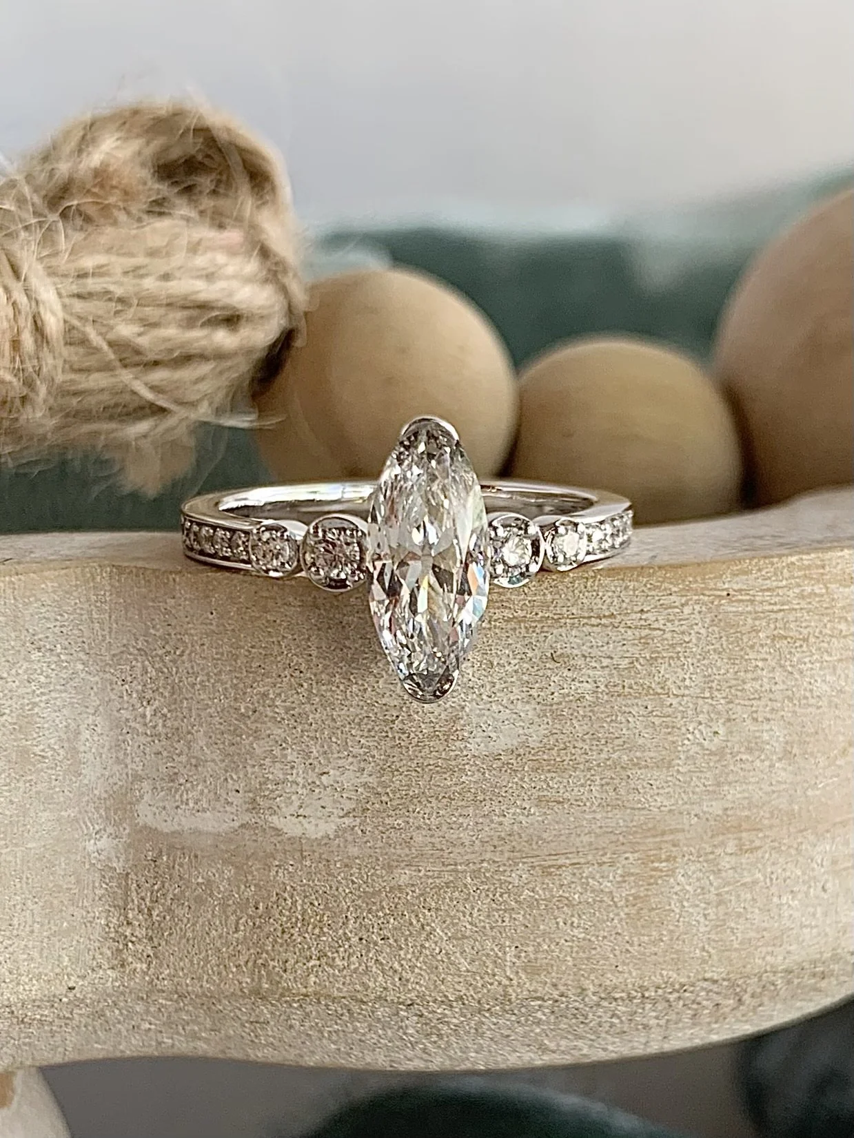 Zahra Moval Cut Lab Diamond Center with Lab Diamond Accents 18k White Gold Engagement Ring