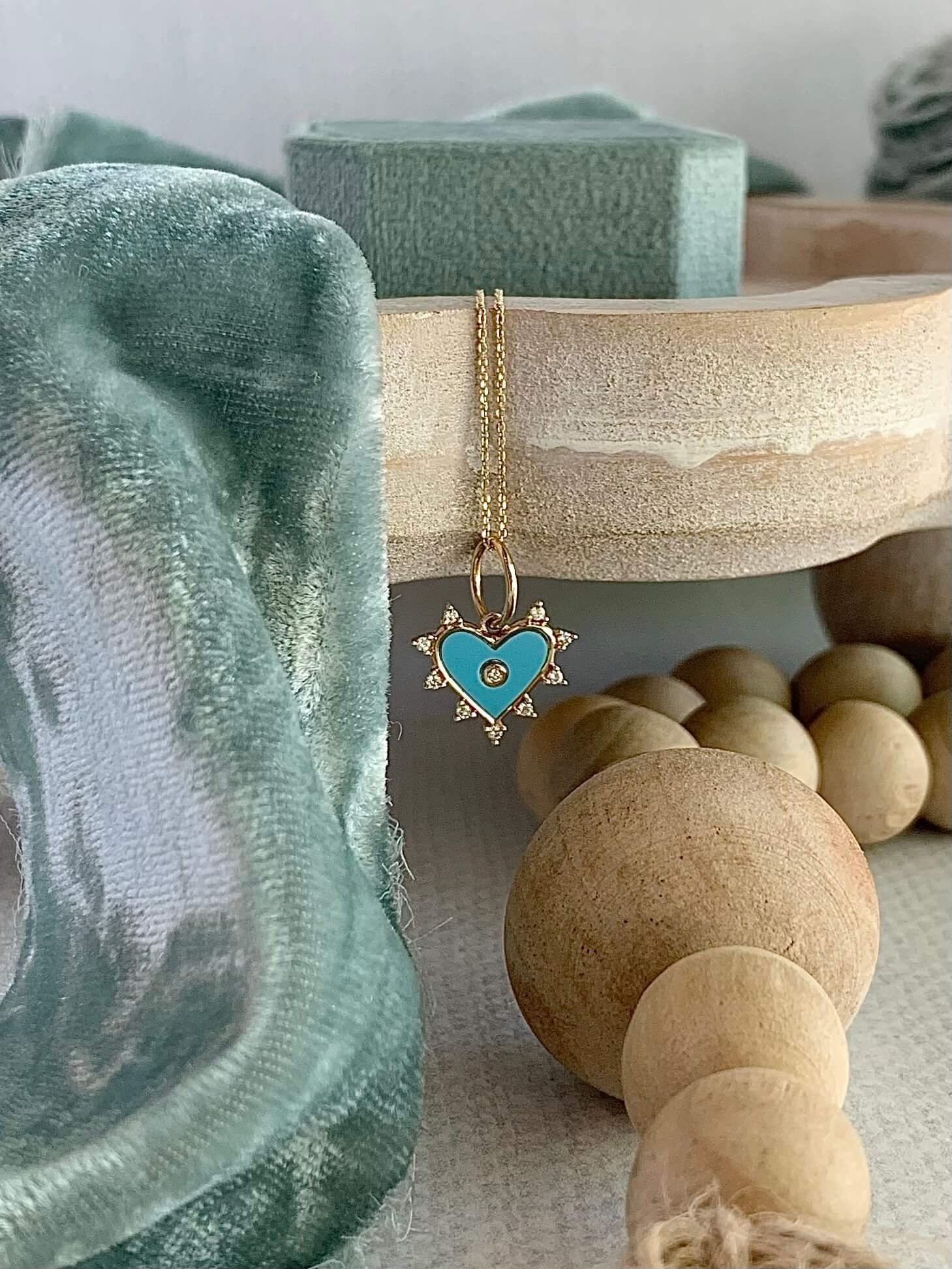 Happy Turquoise Diamond Heart 14k Yellow Gold Necklace