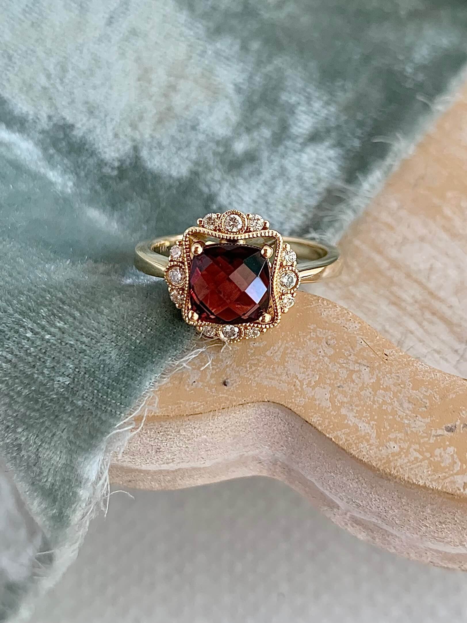 Crimson Garnet Diamond 14k Yellow Gold Ring