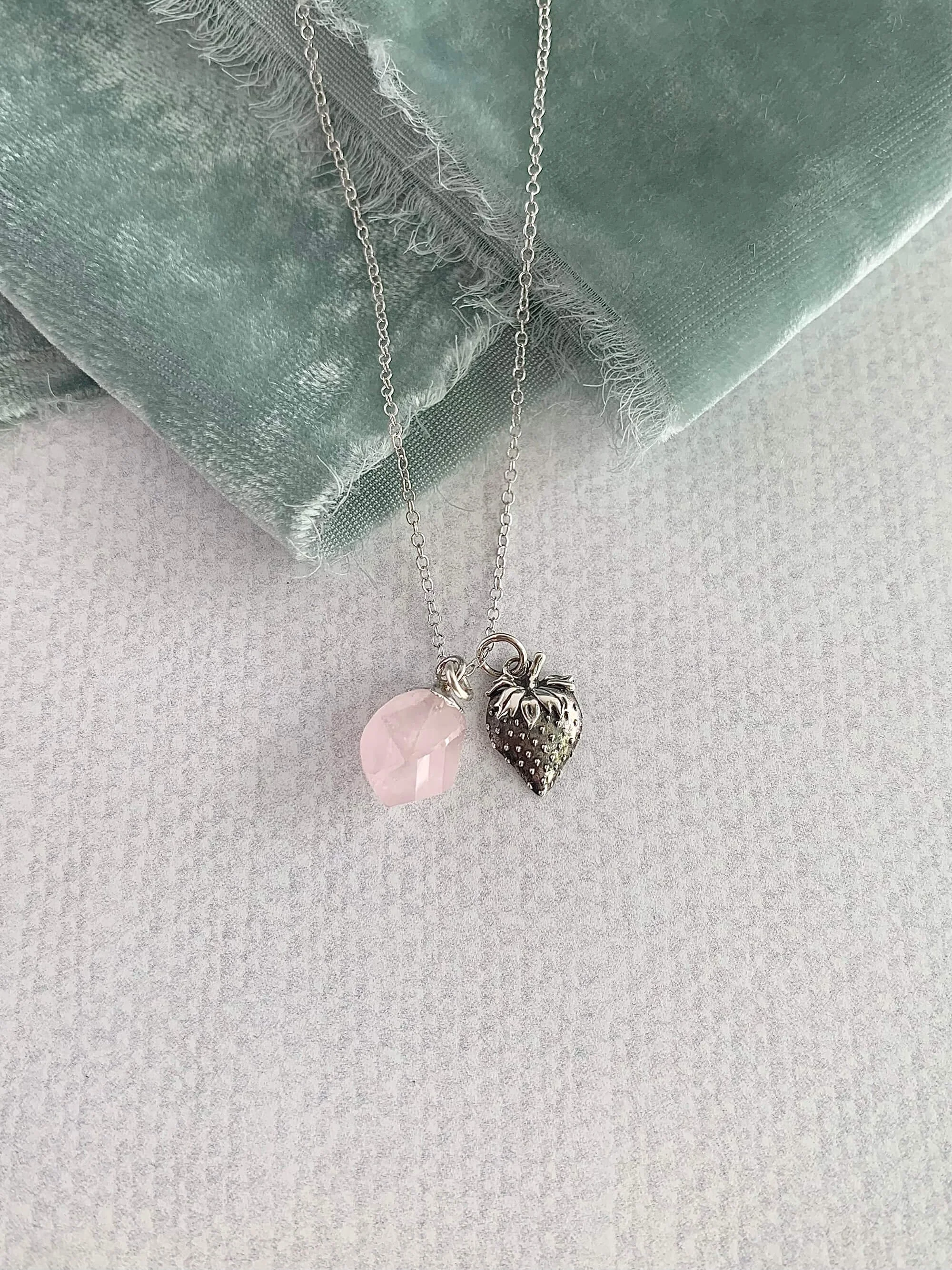 Sweet Summer Strawberry Rose Quartz Silver Necklace