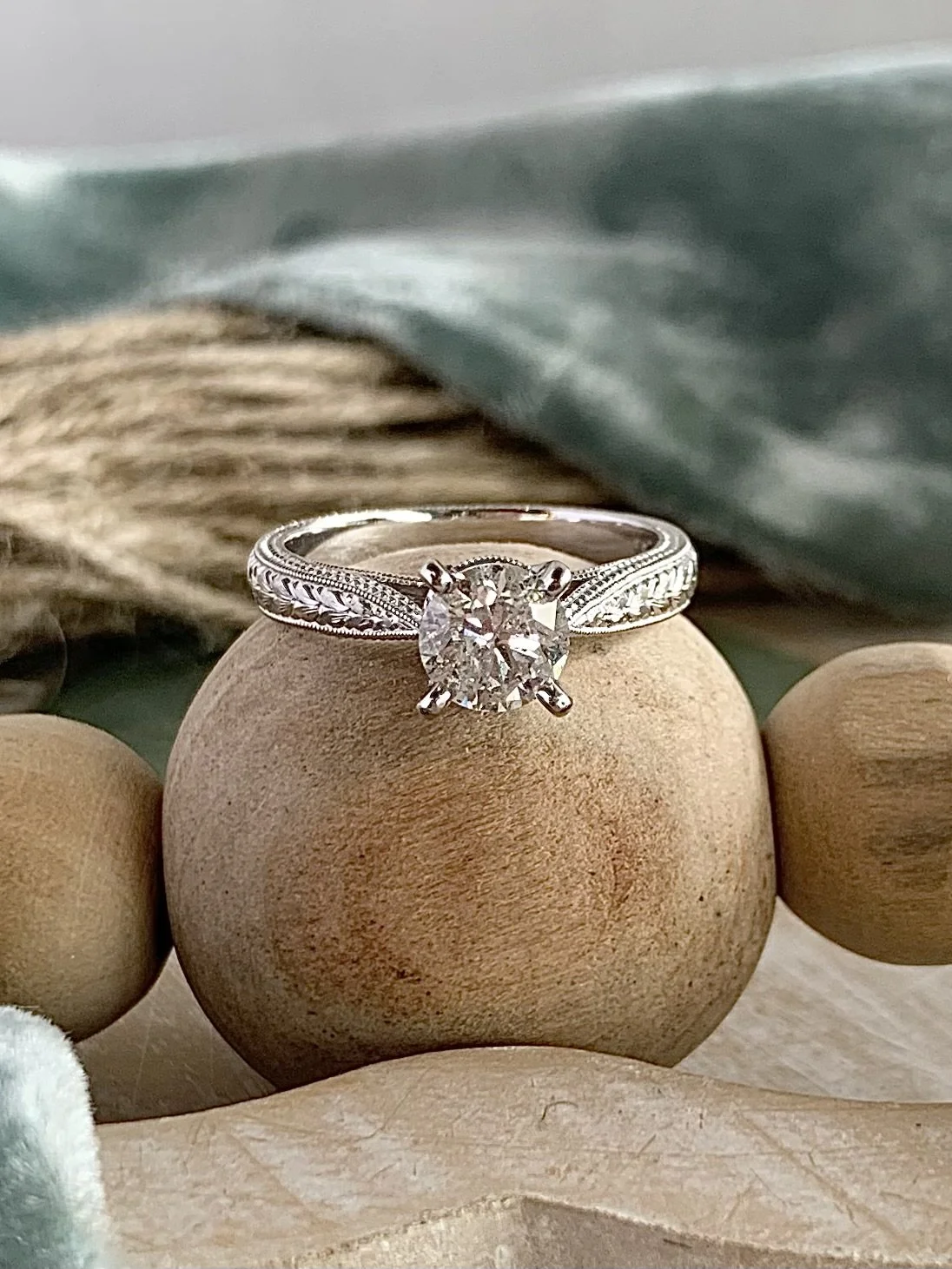 Hinsley Frosty Natural Diamond Engraved Platinum Solitaire Engagement Ring