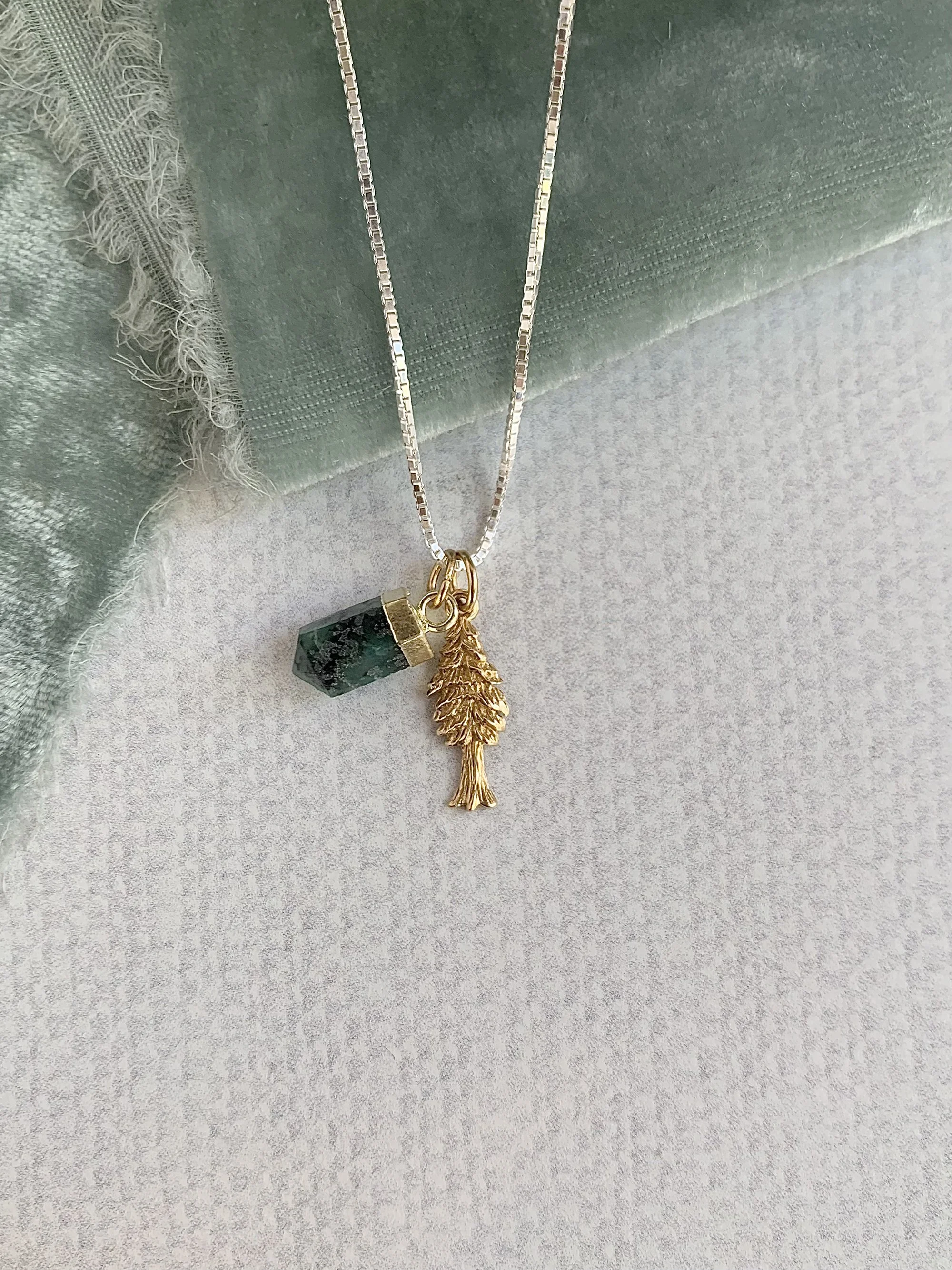 Bronze Ponderosa Pine Rough Emerald & Silver Necklace