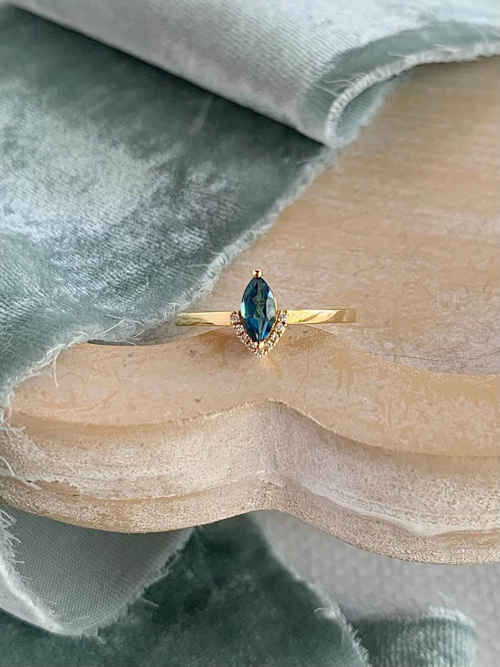 Marquise London Blue Topaz Half Diamond Halo 14k Yellow Gold Ring