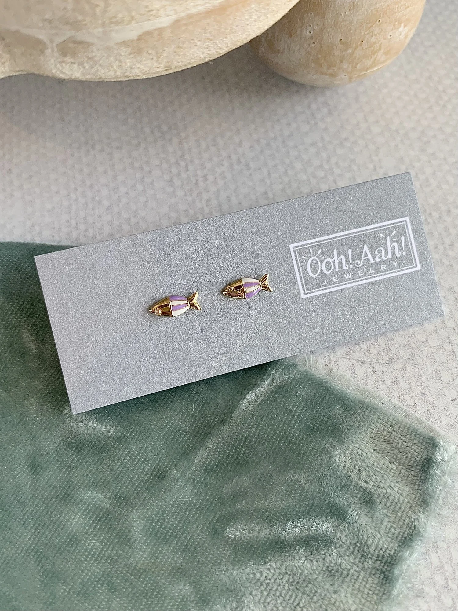 Happy Fish Enamel 14k Yellow Gold Stud Earrings