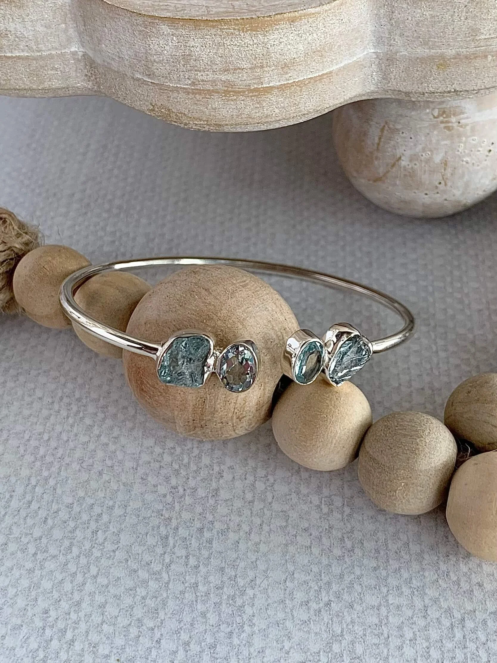 Rough & Faceted Aquamarine Silver Twist Bracelet