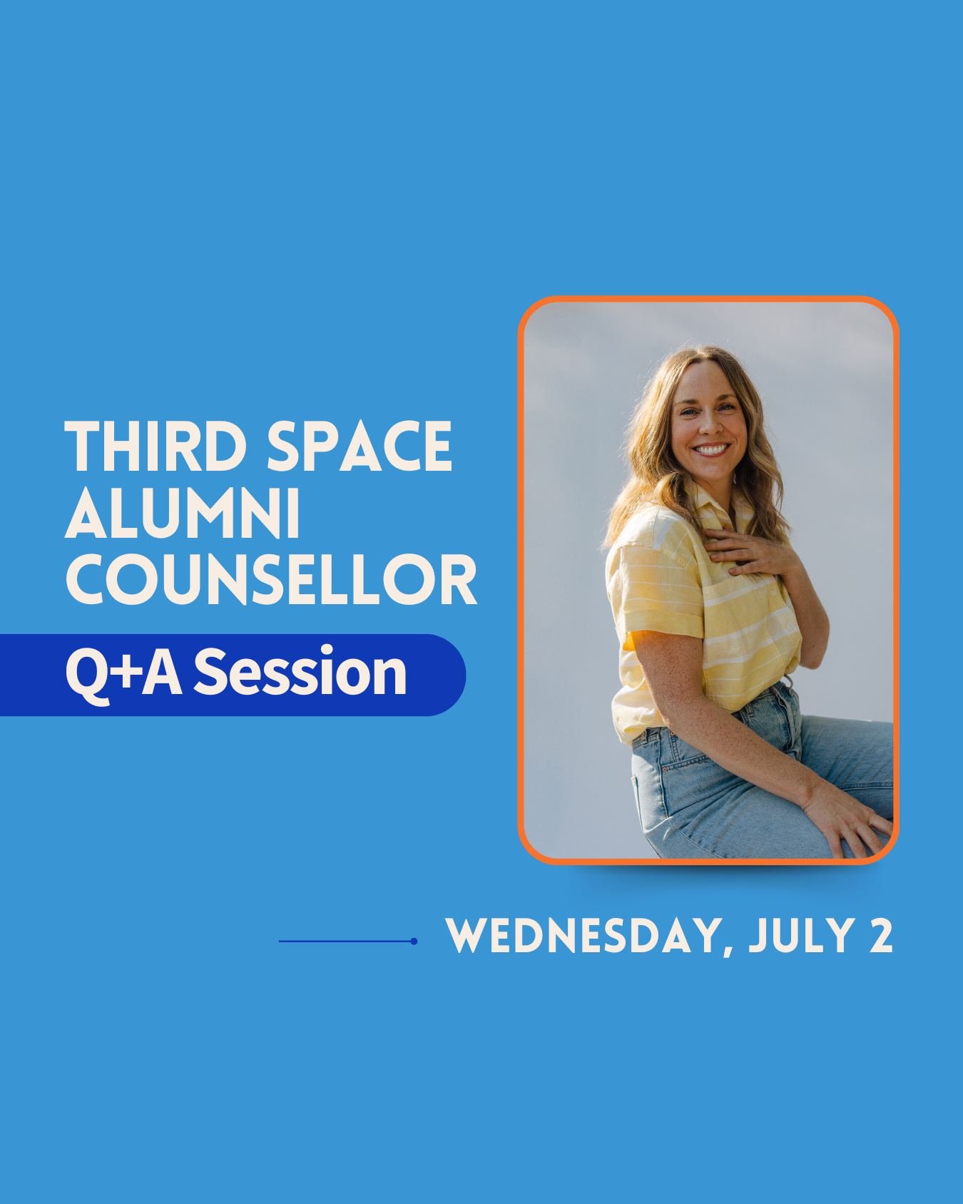 💬 Alumni Counsellor Q+A is back!

Join us this Wednesday, July 2 on Instagram Stories from 4&ndash;7 PM for a live Q+A with Kathryn Kriitmaa, @therapy_with_kat, MACP, RCC &mdash; one of our brilliant Third Space alumni.

This month&rsquo;s theme? Se