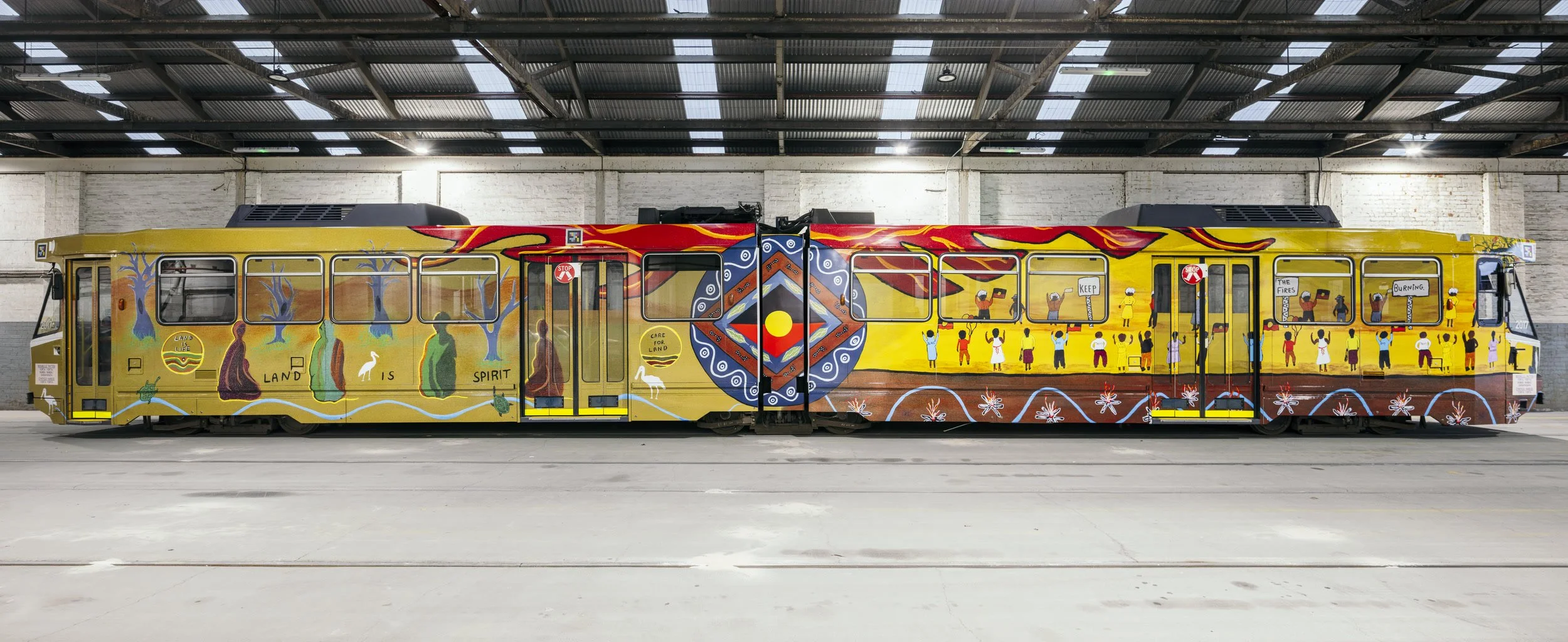 2025 Art Tram by Elders Laurel Robinson (Yorta Yorta, Wurundjeri), Amy Briggs (Yorta Yorta), Cynthia Hardie (Yorta Yorta), and Rochelle Patten (Yorta Yorta, Wamba Wamba, Baraparapa)