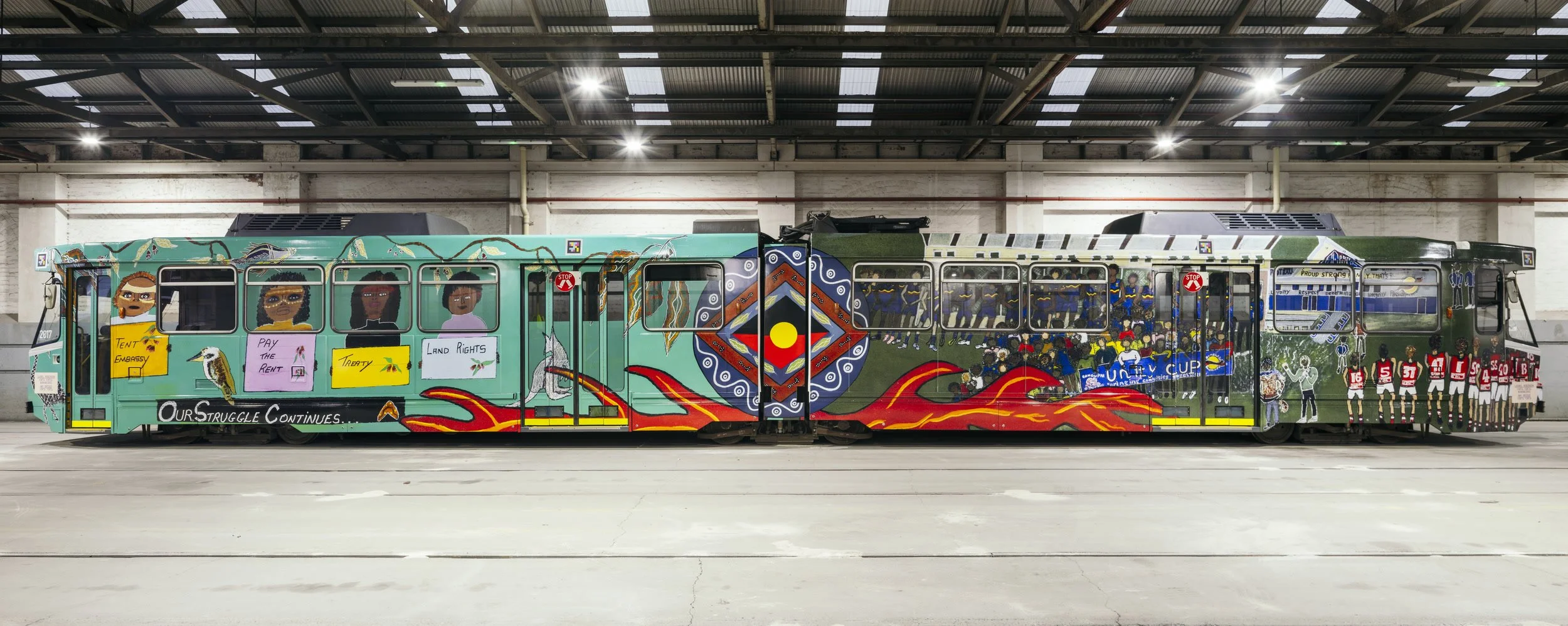 2025 Art Tram by Elders Laurel Robinson (Yorta Yorta, Wurundjeri), Amy Briggs (Yorta Yorta), Cynthia Hardie (Yorta Yorta), and Rochelle Patten (Yorta Yorta, Wamba Wamba, Baraparapa)