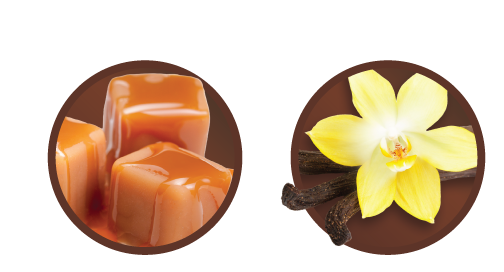 Flavor descriptions showcasing the flavors of Caramel and Vanilla with photography of each in a circle shape