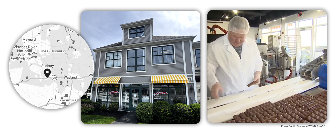 Sky Bar Headquarters images, showcasing a sudbury map, an image of the store front, and an image of the chocolate bar production line