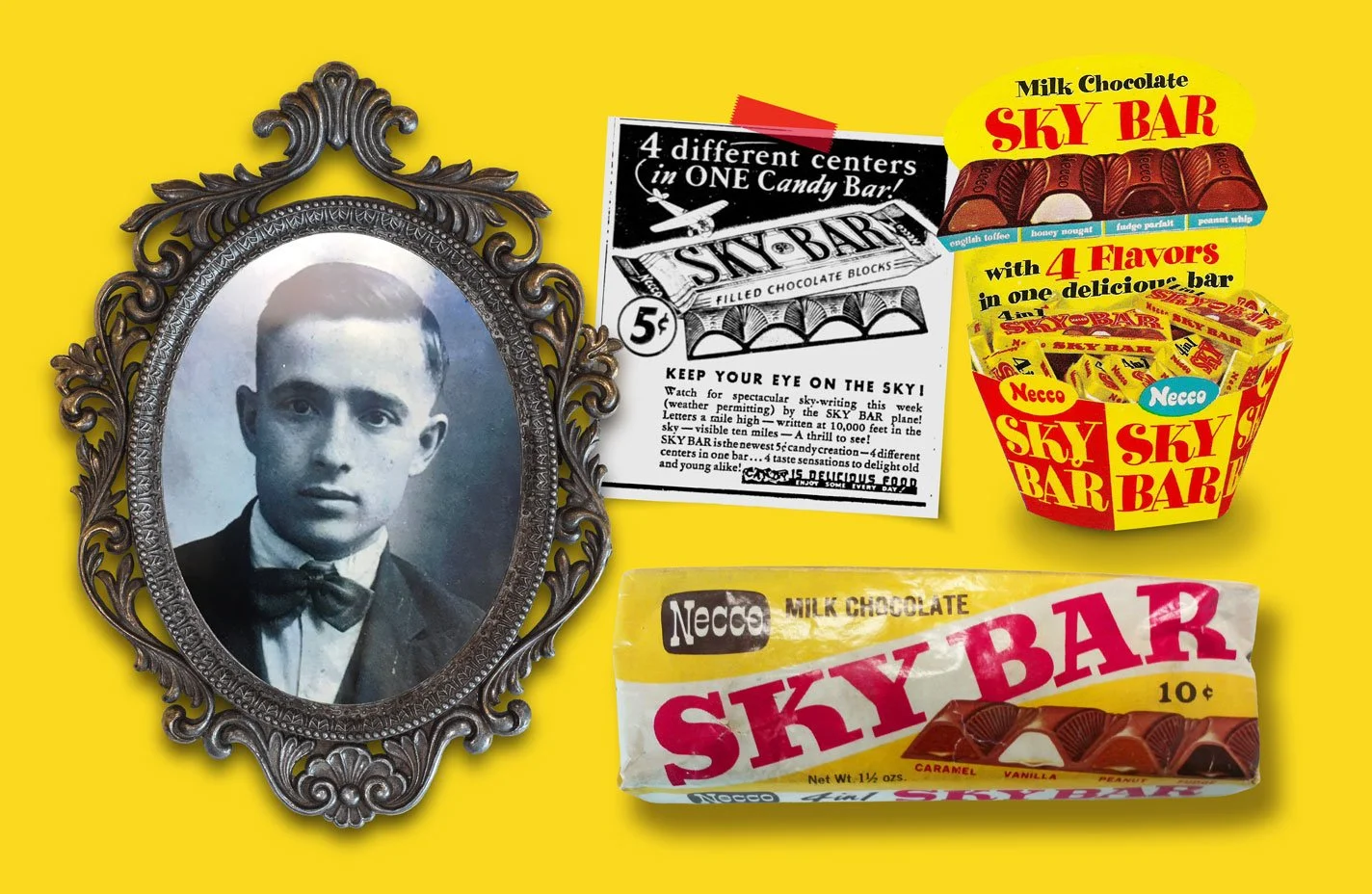 Sky Bar history image, including artwork of a vintage Sky Bar wrapper, a Sky Bar counter display, a vintage newspaper ad, and a framed photo of the Sky Bar inventor.
