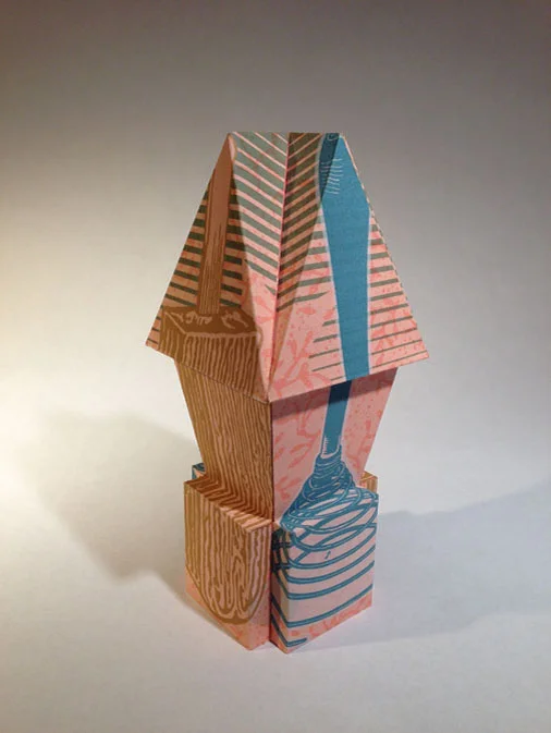 Tom Baker, Crown House , 3 1/8” x 3 1/8” x 8 7/8”, Silkscreen on BFK on laser cut Bookbinder Board, 2016