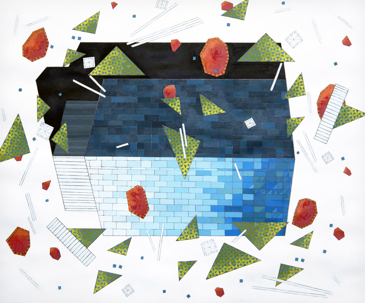 Sage Dawson, DEMO: Roof, Aerial View, 20” x 24.5”, Serigraphy, Acrylic Pencil, 2015
