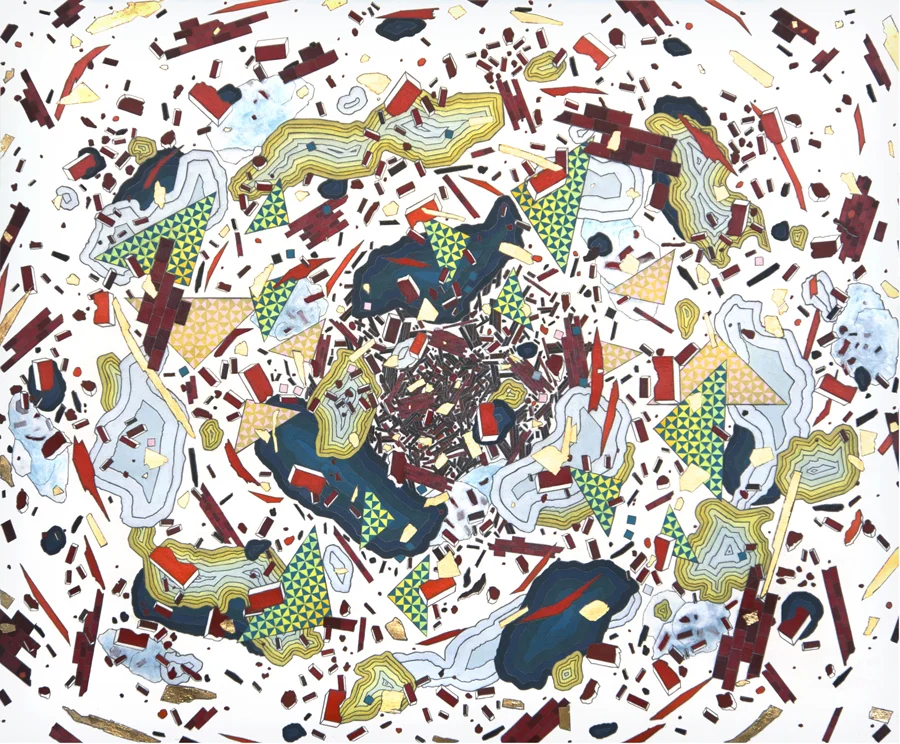 Sage Dawson, DEMO: Epicenter, Aerial View, 21” x 25”, Serigraphy, Acrylic Pencil, 2015