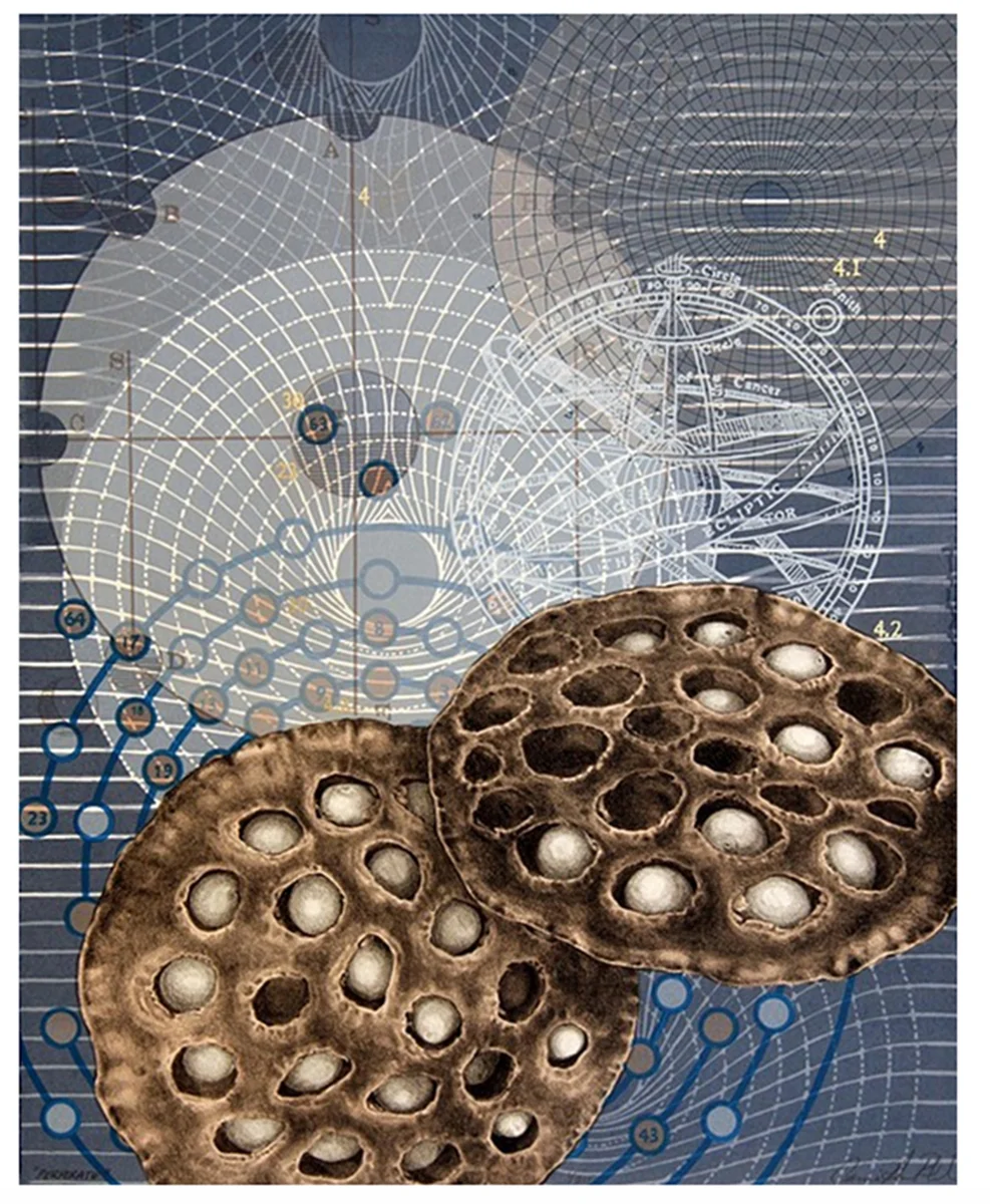 Carrie Ann Plank, Perforate , Lithograph, Screenprint, & Gold Leaf, 16” x 20”, 2013