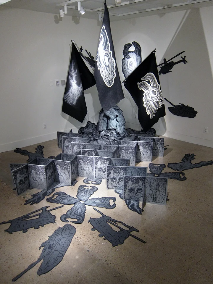Epicentro , Screenprint on paper and felt, flags, and metal stand, 2011-14