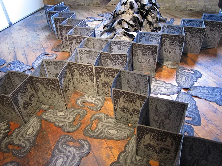 Epicentro , Screenprint on paper and felt, flags, and metal stand, 2011-14