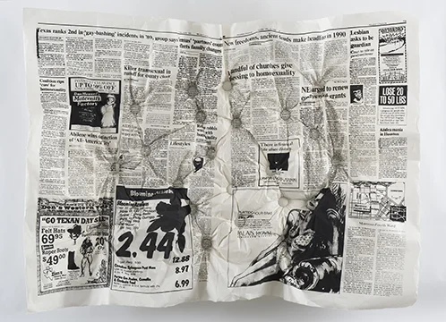 Amy Cousins, All The Queerness That’s Fit to Print: The Houston Chronicle 1990 , 58” x 47” x 7”, screenprint on mulberry paper made from articles assembled from the artist’s hometown paper, buttons, upholstery foam, and wood, 2016.