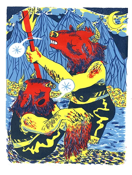 Emily Harter, BEAST WOMAN BULL DYKE PT 2, 11” x 14.5” color screenprint on French Paper, 2017