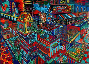 Robert Schwieger, Factory Fantasy, 20” x 16”, Screenprint monotype on glass reverse applied with enamels, 2013