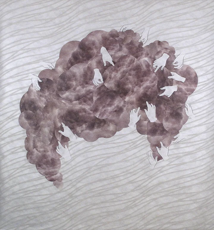 Mending , 2014, screenprint on Tyvek, 96 x 90 inches.