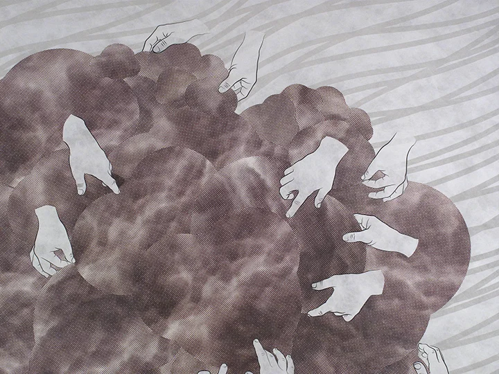 Mending , 2014, screenprint on Tyvek, 96 x 90 inches.