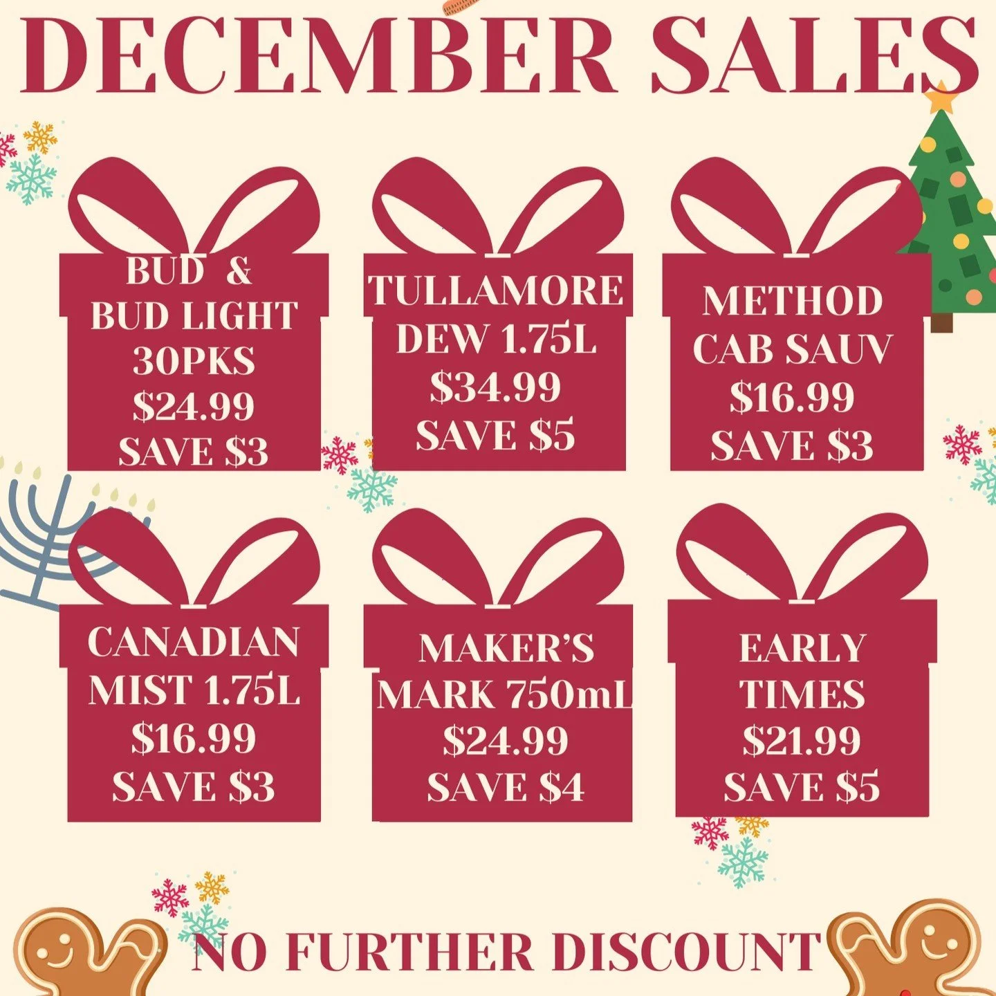 December #sales: @budweiser &amp; Bud Light 30 packs, @tullamoredew 1.75 liters, Method #cabernetsauvignon, @canadianmistwhisky 1.7 liters, &amp; @bottledinbondbourbon liters. Stock up for your #holiday parties! #ontherocksliquor #lawrenceks #whiskey