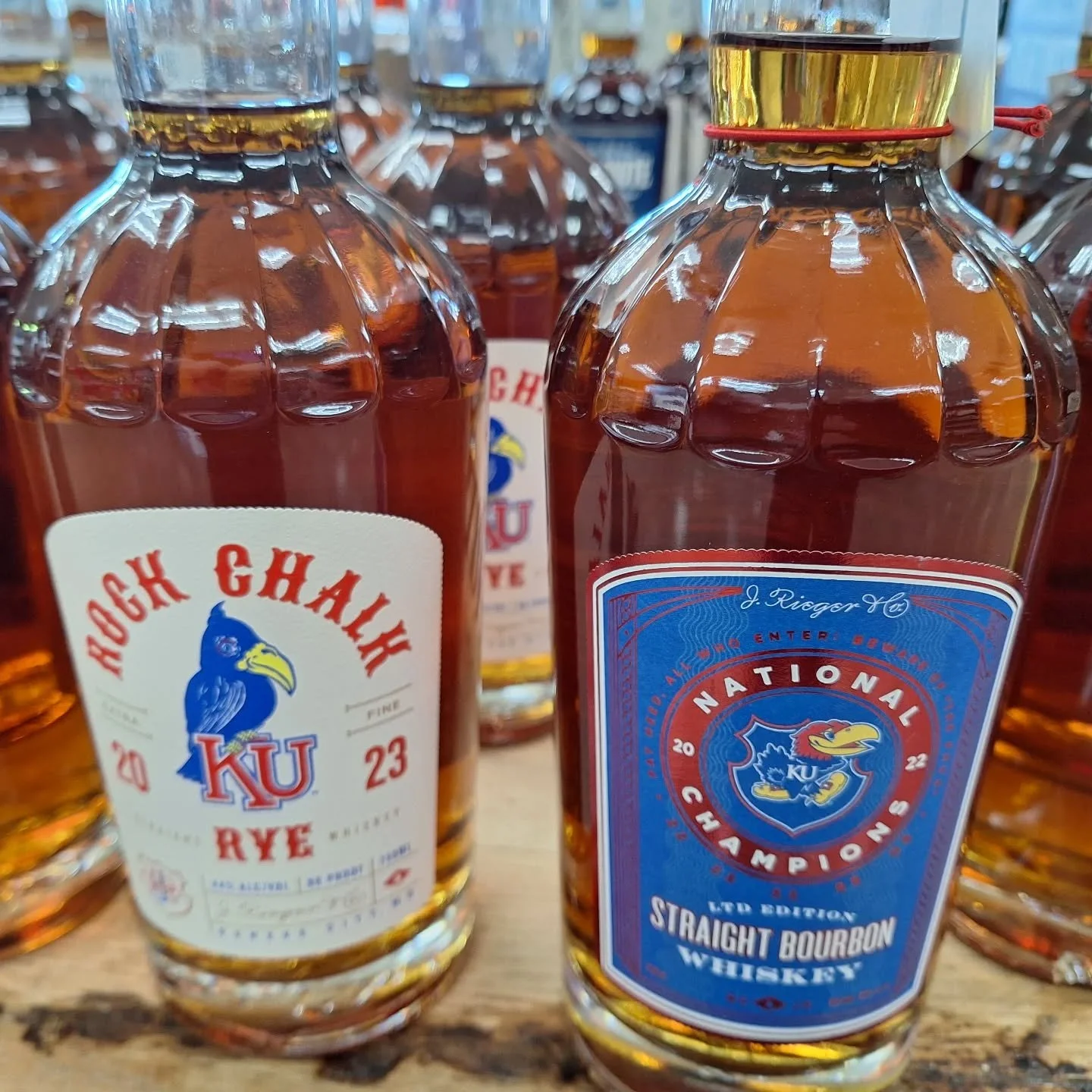 Ease yourself into the start of the spring semester today with a bottle of @jriegerco #rockchalk rye or championship #bourbon. We're down to our last few bottles. #whiskey #ontherocksliquor #lawrenceks