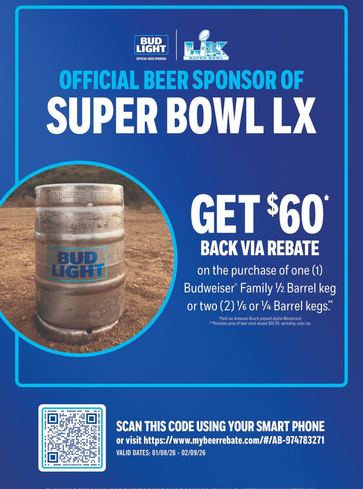 Now through 2/9, you can get a $60 rebate on @budweiserusa kegs if you use the QR code in this post (we also have it hanging up in the store). This includes Bud, @budlight, &amp; more. #beer #superbowl #ontherocksliquor #lawrenceks