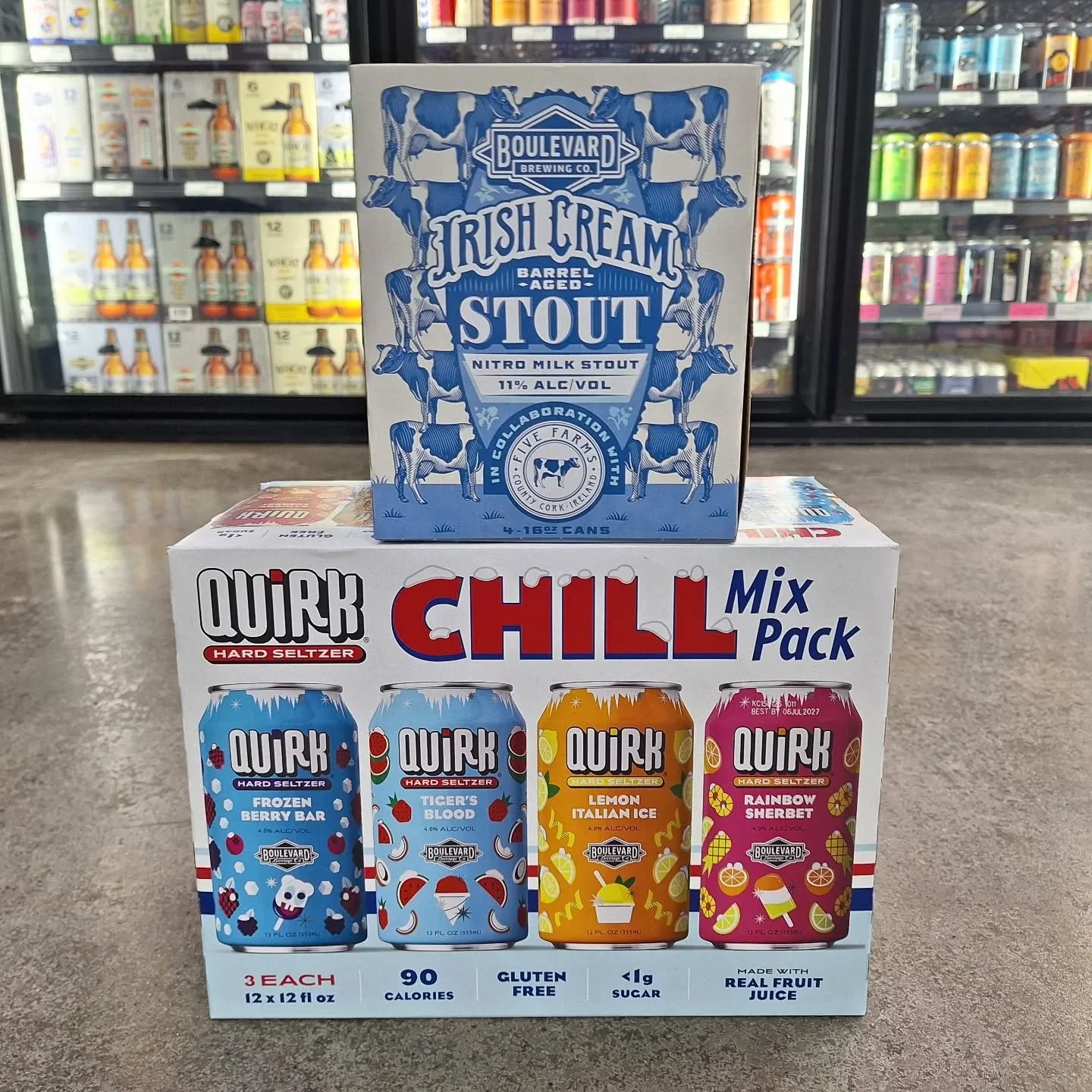 New @boulevard_beer releases! You all have been clamoring for the imperial #stout collab with @fivefarmsirishcream &amp; the new @quirk.hard.seltzer mix pack has been FLYING off the shelves. Look at those flavors! We can't wait to try the tiger's blo