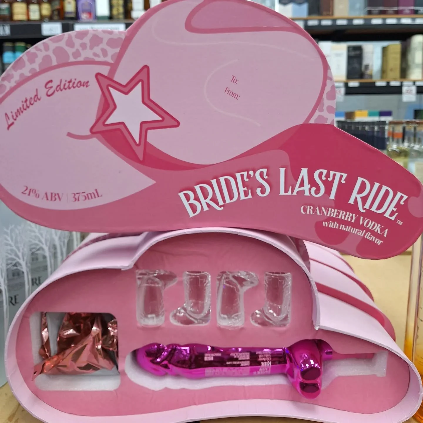 Looking for the perfect giggle-worthy addition to your #galentinesday party? Might we suggest Bride's Last Ride? And yes, it's exactly what you think it is. #novelty #ontherocksliquor #lawrenceks