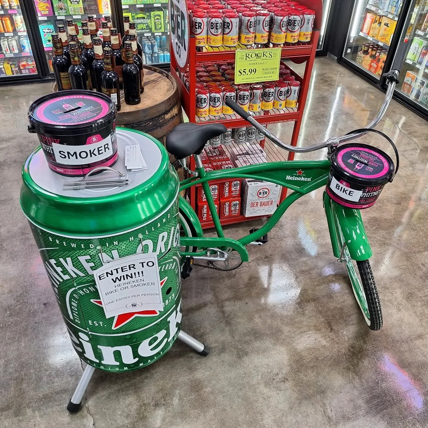 We're holding a drawing for a @heineken #bike &amp; a smoker this week. One entry per person, per item (one person can enter once for each). We will draw next Friday for the winners! #freestuff #ontherocksliquor #lawrenceks