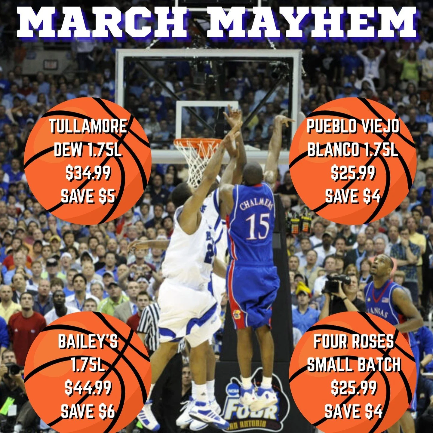 March Mayhem #sales are in effect! Save on @tullamoredew #irishwhiskey, @puebloviejo_usa #tequila, @baileysofficial #irishcream, &amp; @fourrosesbourbon small batch all month long. #ontherocksliquor #lawrenceks