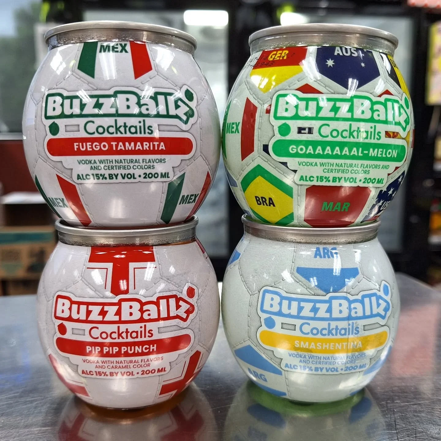 #WorldCup themed @buzzballz just in! Which one are you most interested in? That Fuego Tanarita has us intrigued. #buzzballz #ontherocksliquor #lawrenceks
