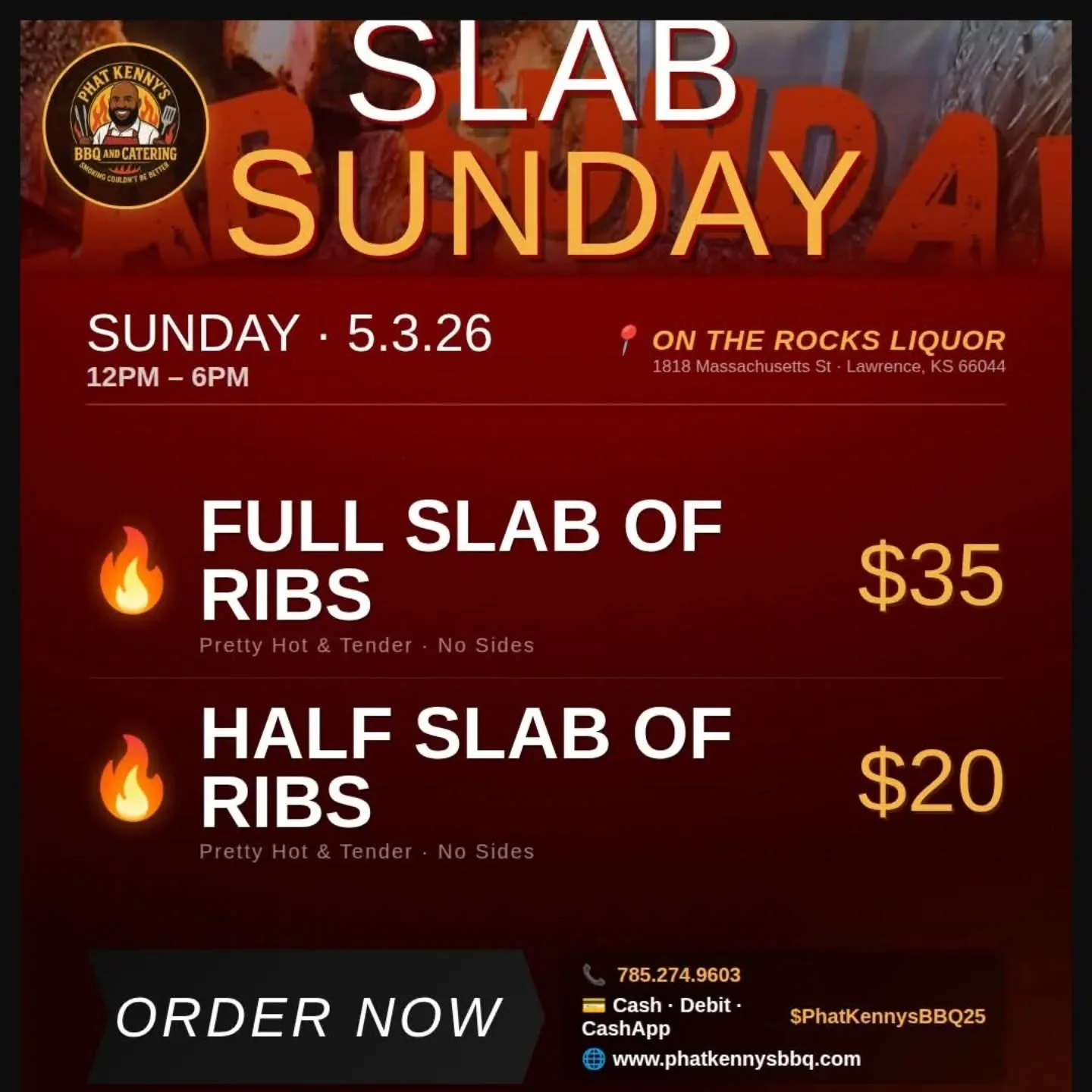 Sunday 5/3, we'll once again have @phatkennysbbq in the lot. Ribs! Slabs &amp; half slabs! What's a better Sunday dinner than that? Snag some drinks from us &amp; put off those Sunday scaries with #BBQ &amp; drinks. #ontherocksliquor #lawrenceks
