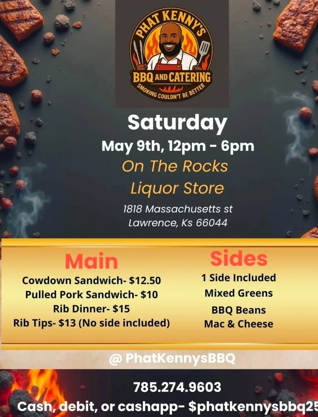 @phatkennysbbq returns this Saturday 5/9 from noon-6pm or until sold out. He'll be here every other week throughout the summer, so get your bellies ready. Dinner &amp; drinks are set the heck up with this pairing. #BBQ #ontherocksliquor #lawrenceks